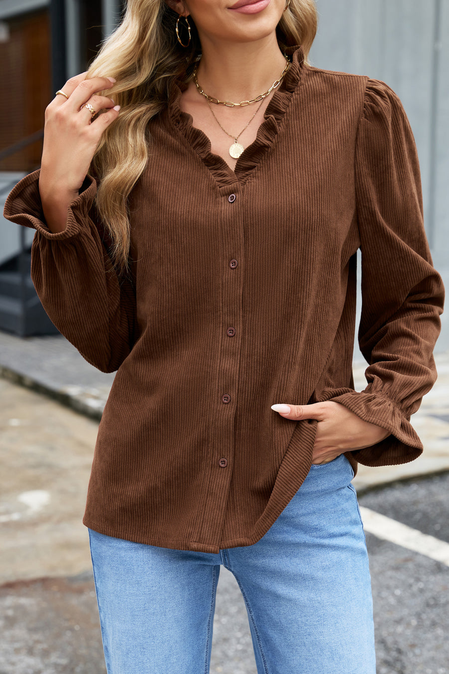 Ruffle Trim V-Neck Corduroy Shacket