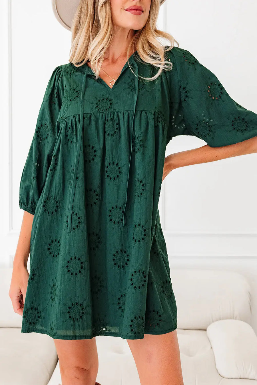 Blackish Green Embroidered Eyelet 3/4 Puff Sleeve Swing Mini Dress Women UK