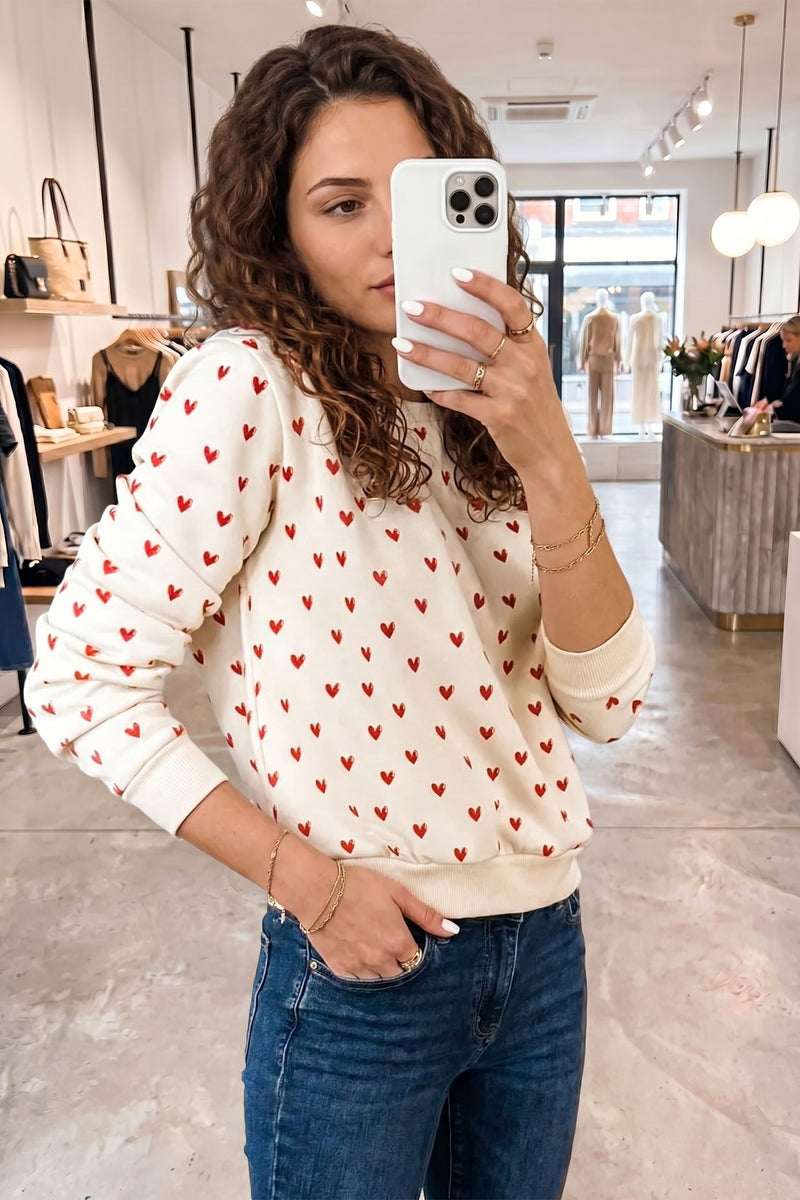 Heart Print Round Neck Long Sleeve Sweatshirt
