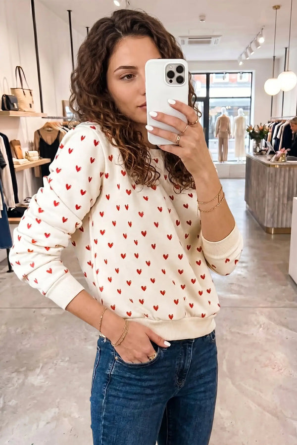 Heart Print Round Neck Long Sleeve Sweatshirt — side view | Fashionfitz UK