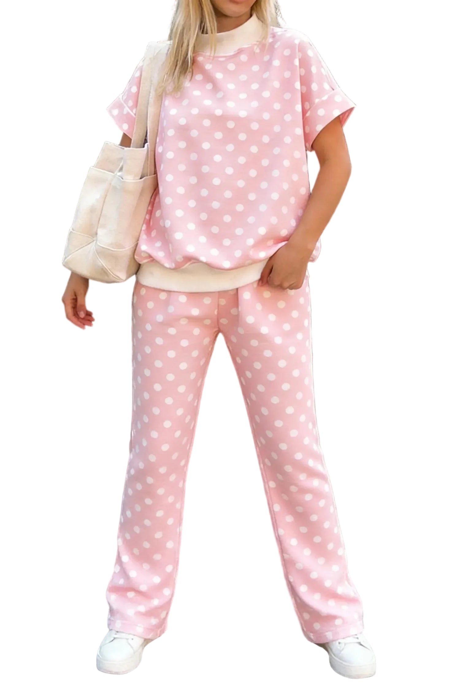 Pink polka dot print mock neck short sleeve top shift pant set