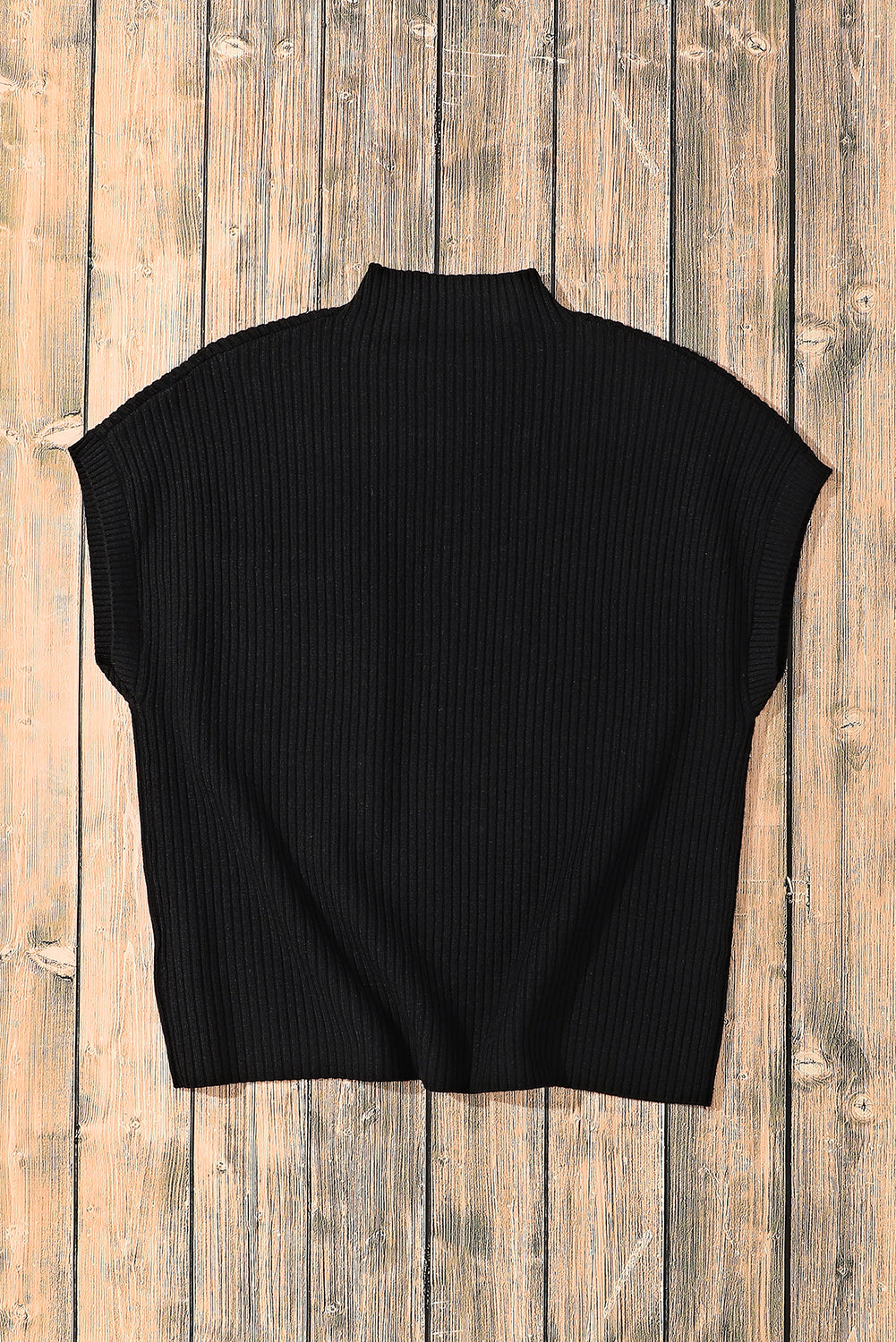 Ribbed Knit Short Sleeve Sweater - Patch Pocket