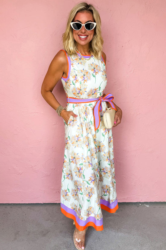 Floral Print Colour Block Belted Maxi Dress Sleeveless Side Pockets