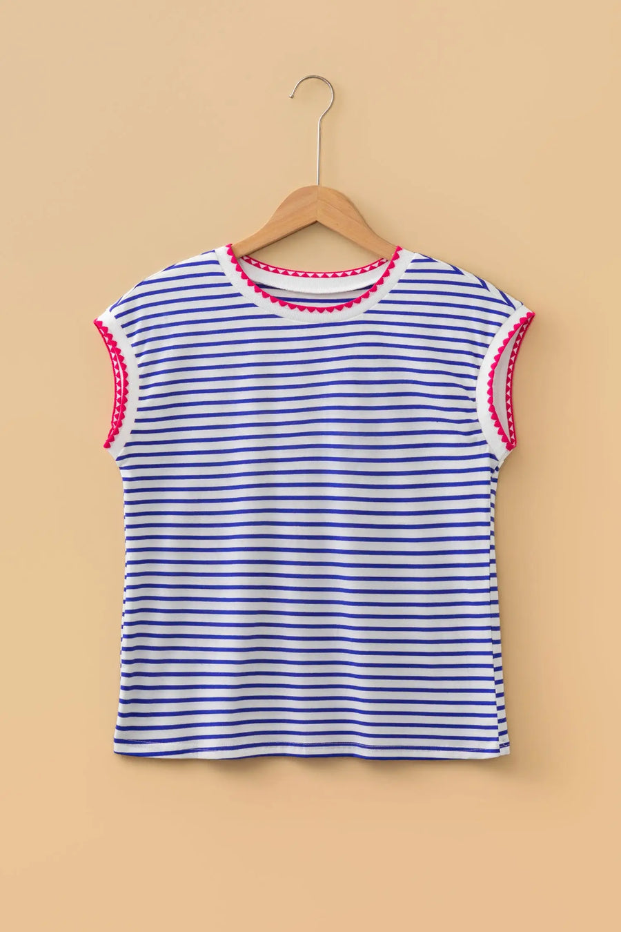 Stripe Contrast Trim Round Neck Cap Sleeve Tee Women UK