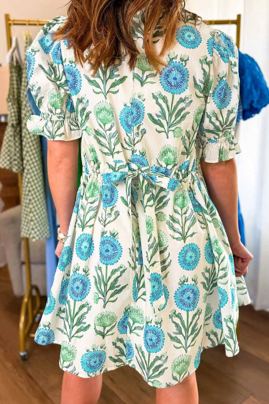 Sky Blue Floral Half Button Frilly Short Sleeve Dress — close-up detail | Fashionfitz UK