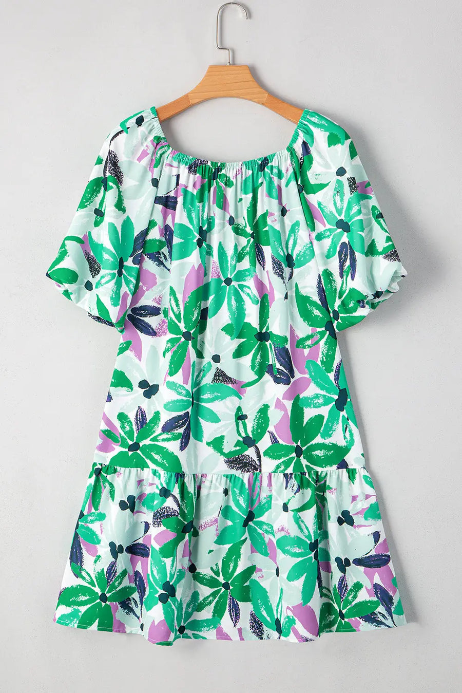 Green Floral Shirred Square Neck Loose Fit Mini Dress Women UK