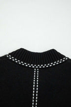 Detailed view of back neckline on Women's Black Contrast Trim Knitted Cardigan highlighting ribbed collar and contrast stitching.