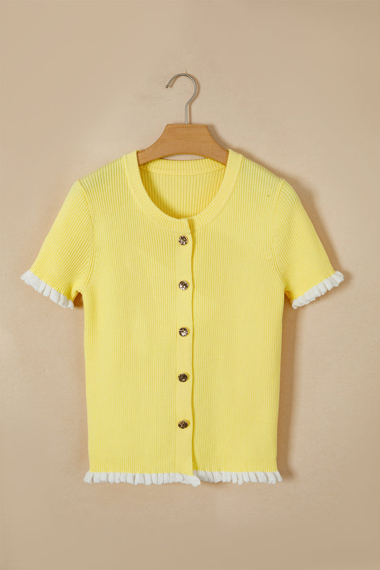 Ribbed Knit Contrast Frilled Short Sleeve Cardigan Women UK