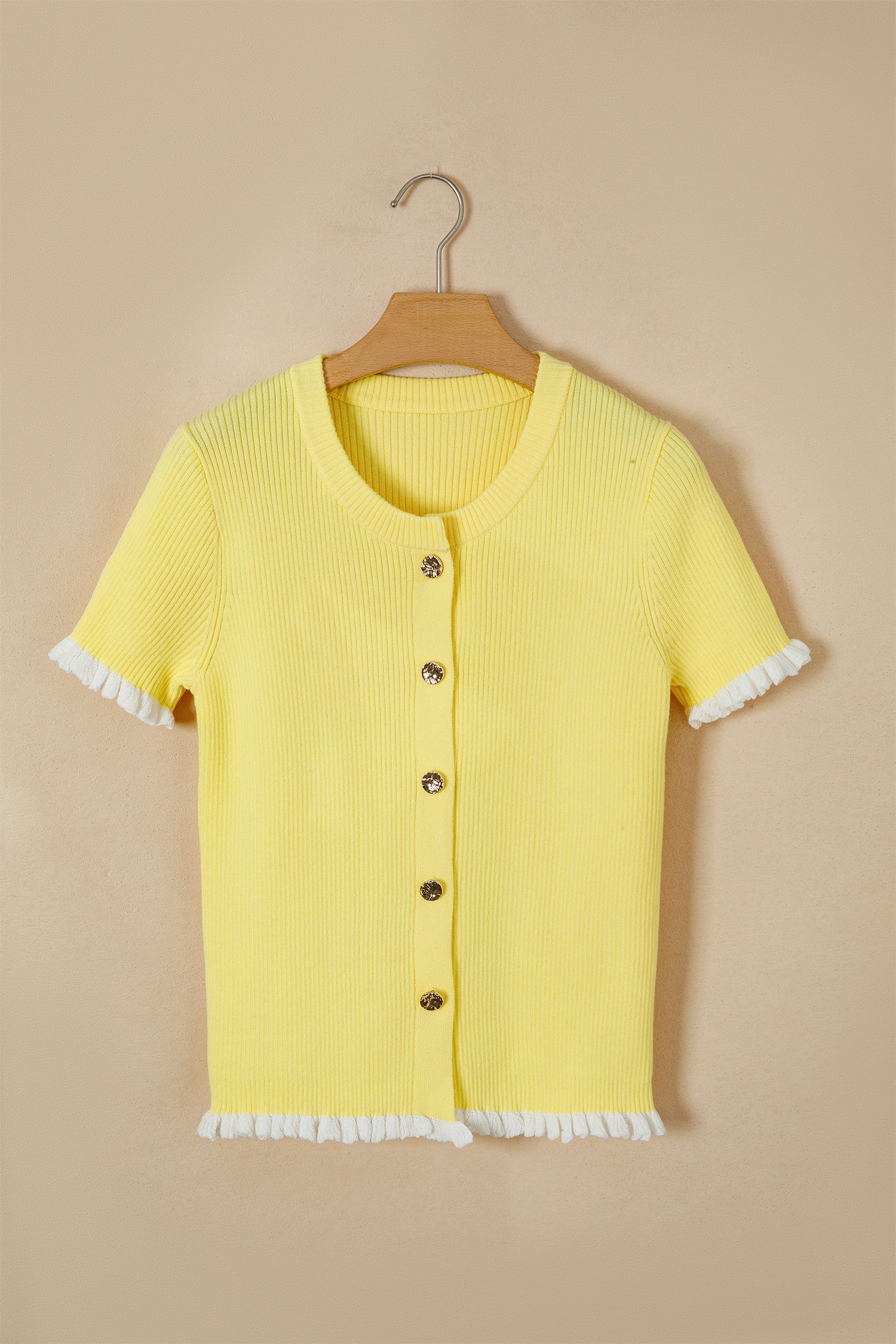 Ribbed Knit Contrast Frilled Short Sleeve Cardigan Women UK