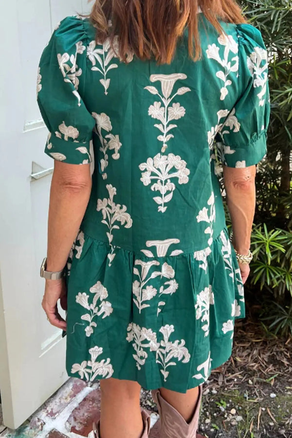 Floral frilled V-neck puff sleeve mini dress back view — Fashionfitz UK