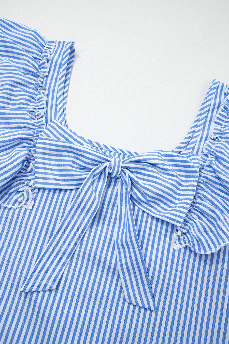 Sky Blue Striped Square Neck Ruffled Bow Blouse Women UK