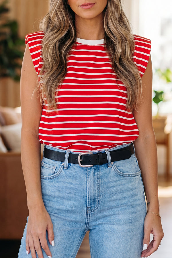 Red Stripe Ribbed Round Neck Trim Loose Tank Top Women UK