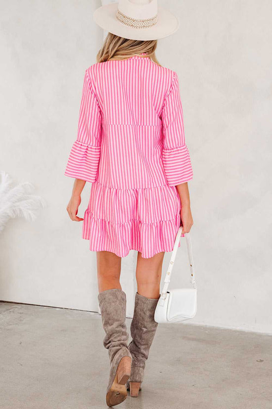 Pink striped tiered flowy mini dress women, casual spring style, button front, notched neck, apparel and accessories clothing dresses