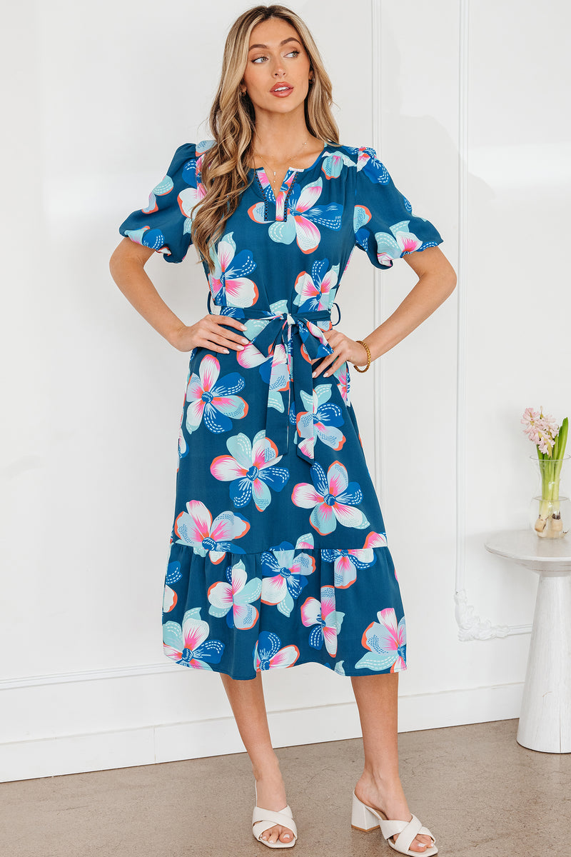 Blue floral maxi dress UK puff sleeve and ruffle hem detail