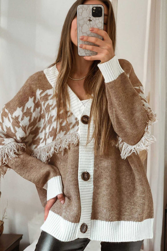 Women’s khaki houndstooth knit cardigan featuring button front, long sleeves, and textured fringe for a cozy smart-casual autumn look.