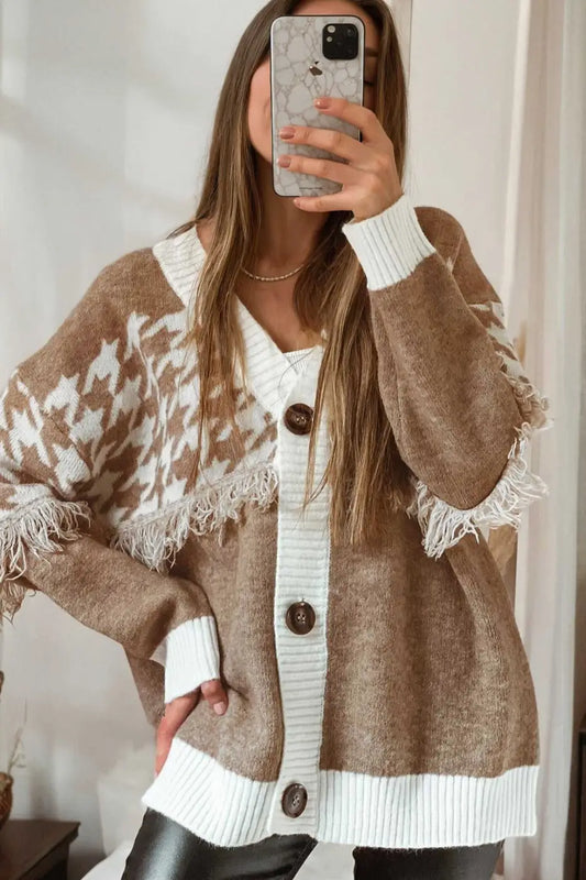 Women’s khaki houndstooth knit cardigan featuring button front, long sleeves, and textured fringe for a cozy smart-casual autumn look.