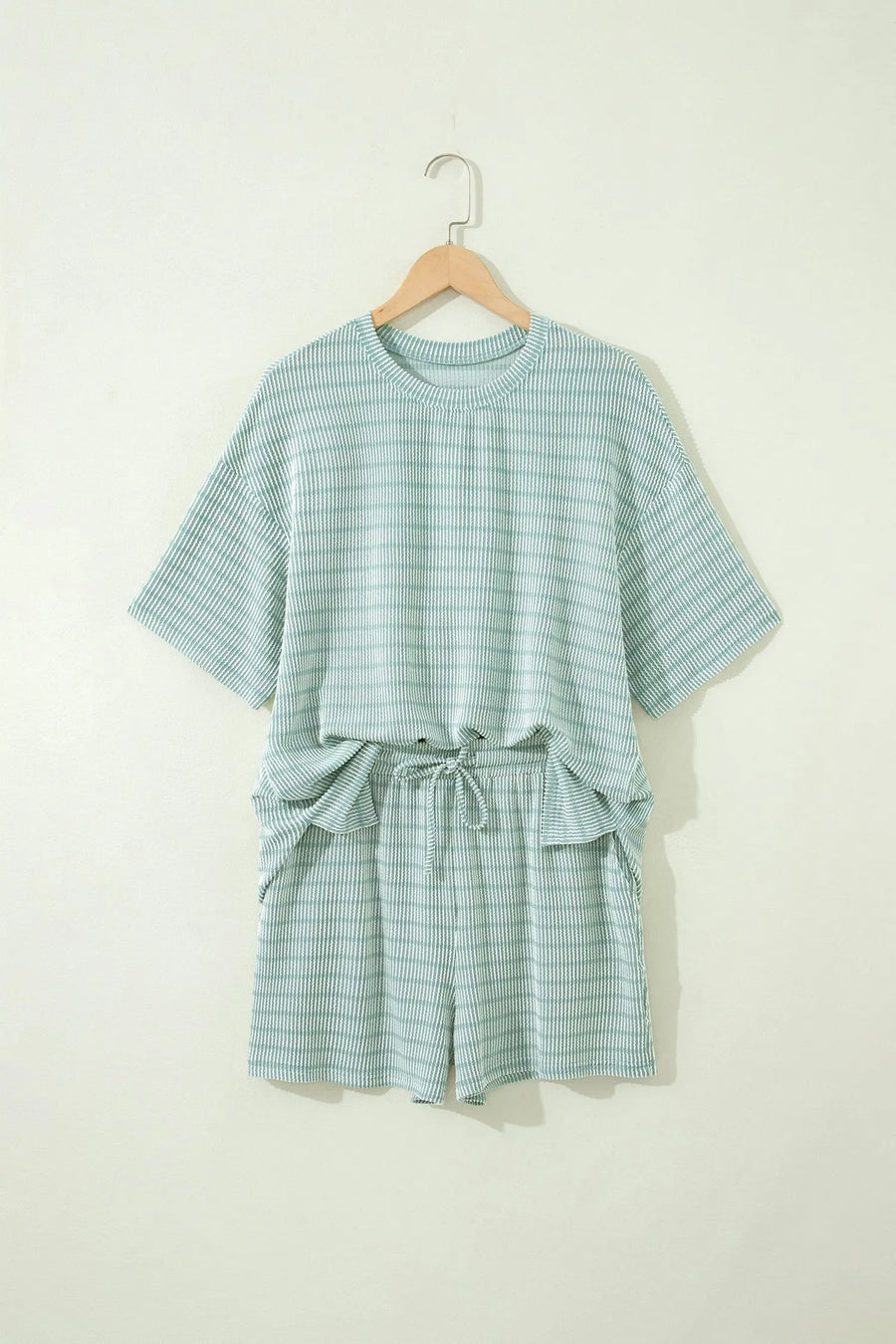 Stripe Raised Rib Loose Tee & Drawstring Elastic Waist Shorts Set