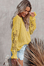 Side profile of Yellow Crochet Lace Pointelle Knit Sweater paired with shorts, highlighting floral lace sleeves and breathable knit texture.