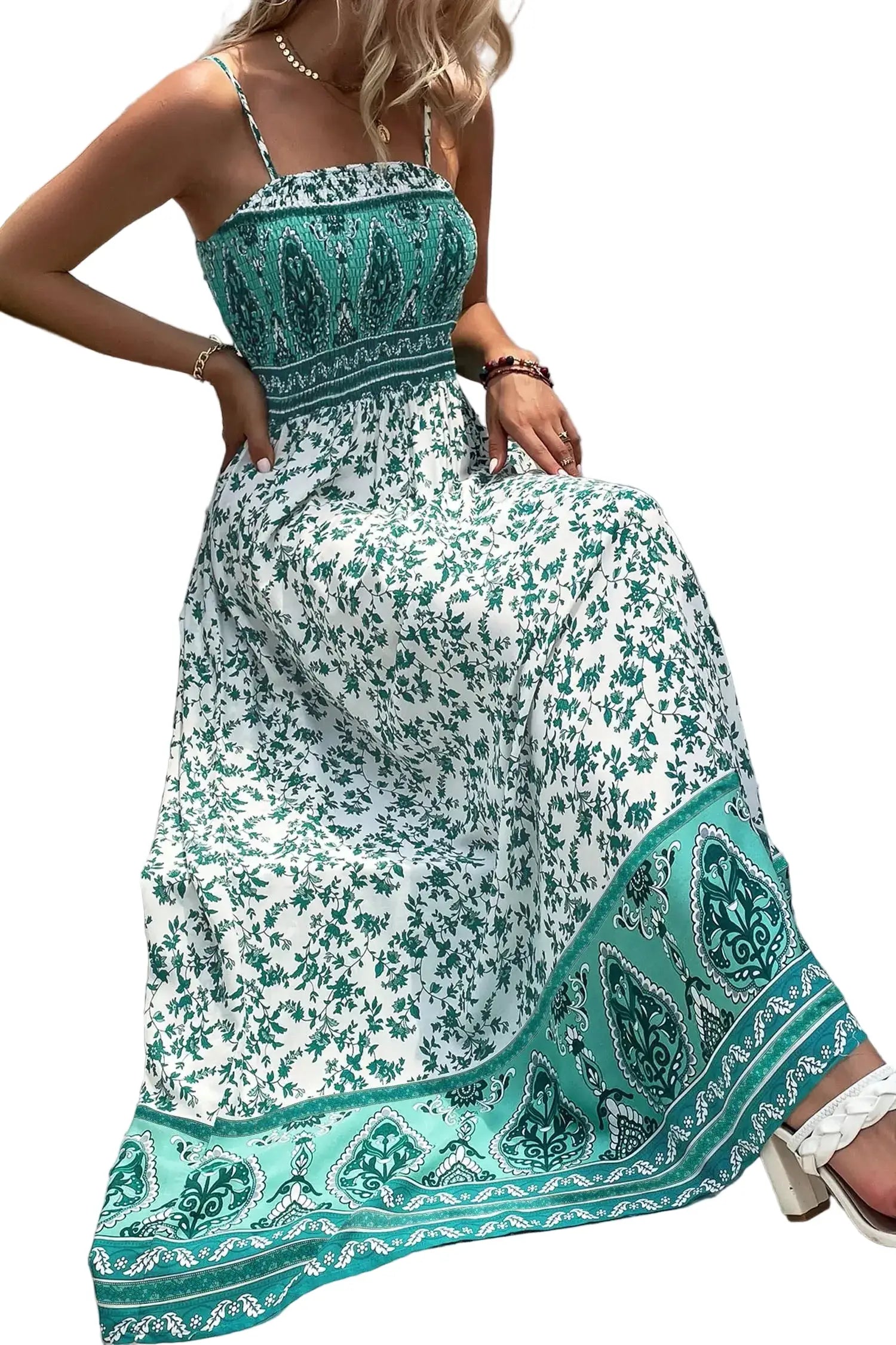 Boho floral print shirred cami high waist sleeveless maxi dress dresses