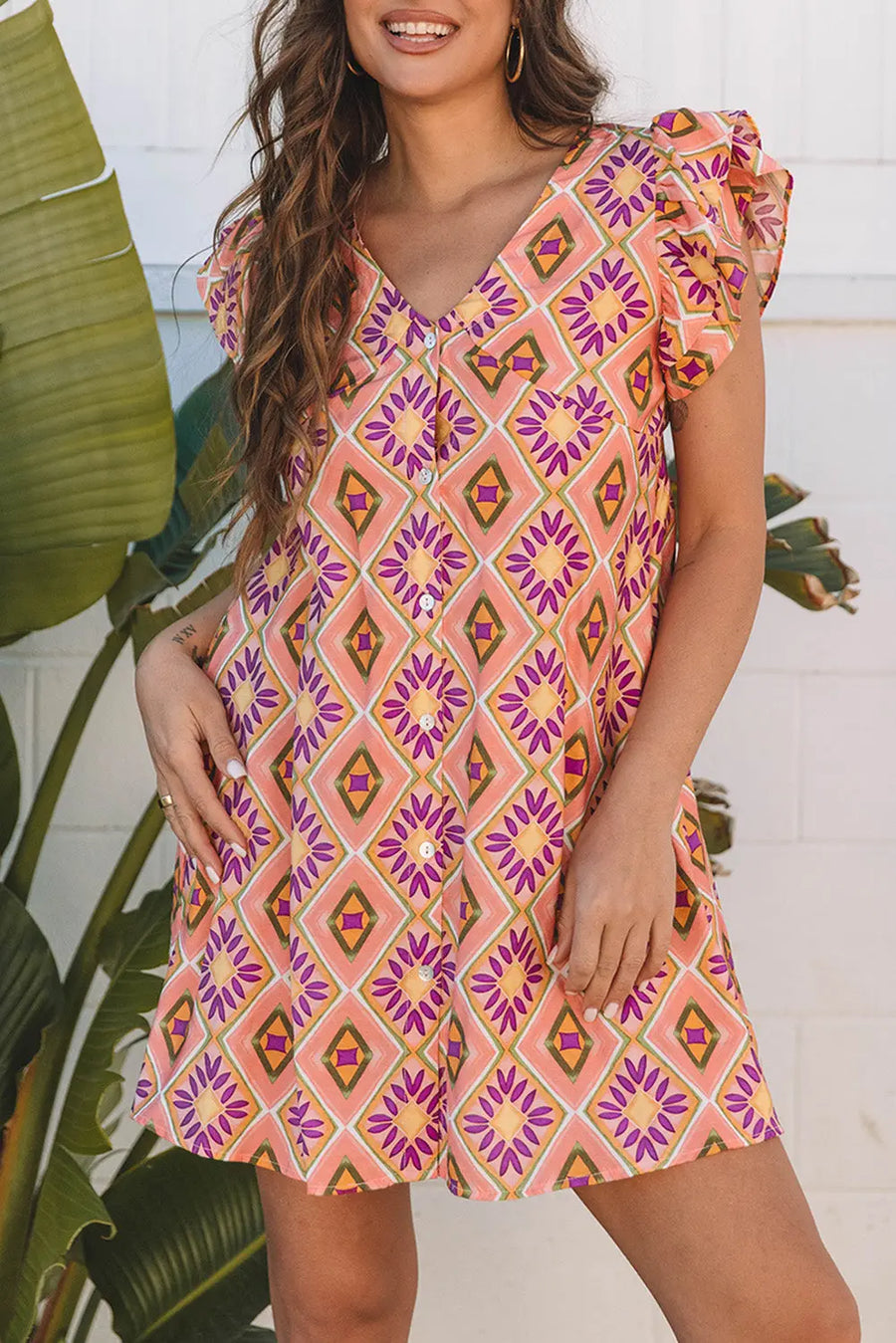 Orange Geometric Floral V Neck Buttoned Ruffled Mini Dress Women UK