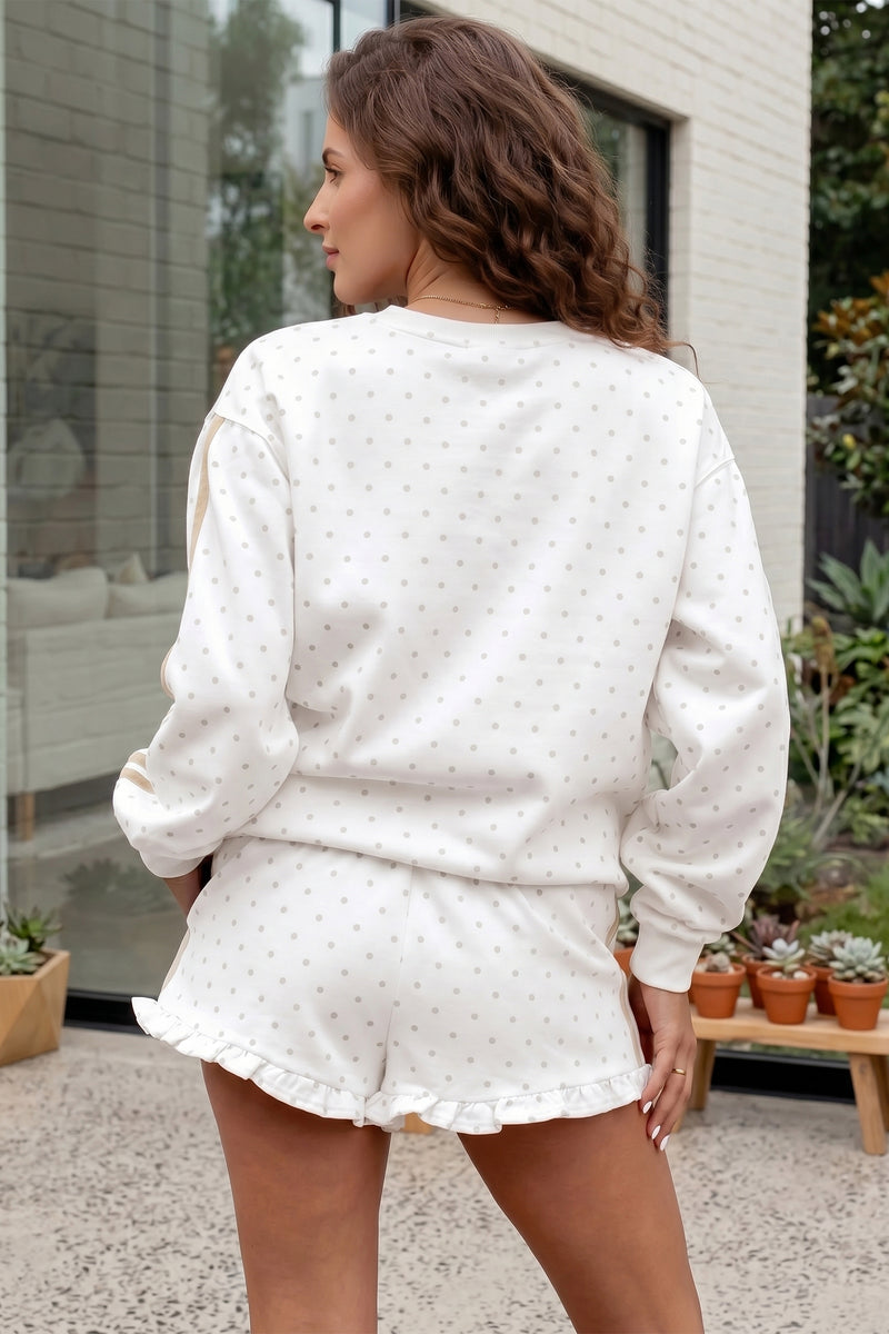 White Polka Dot Stripe Casual Sweatshirt & Shorts Set