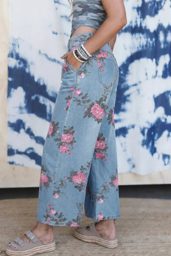 Women's garden floral print jeans lifestyle shot casual summer