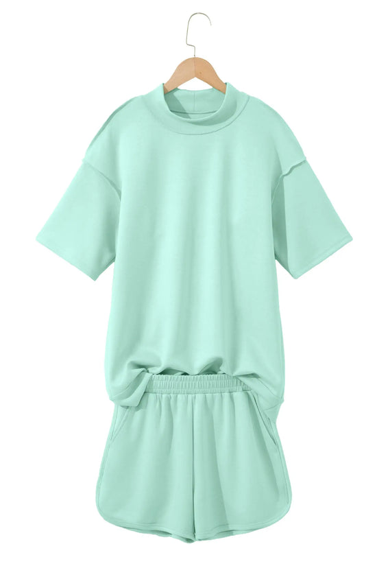 Exposed seam mock neck oversized tee shorts two piece set pockets outfit sets