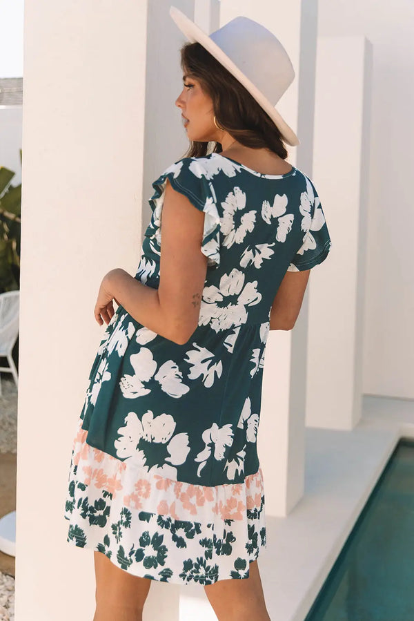 Green Floral Ruffle Sleeve Empire Waist Mini Dress Women UK — back view