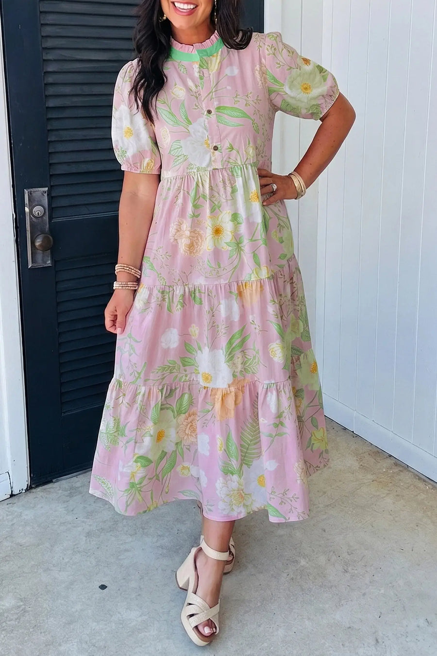 Pink Floral Puff Sleeve High Waist Tiered Maxi Dress Women UK