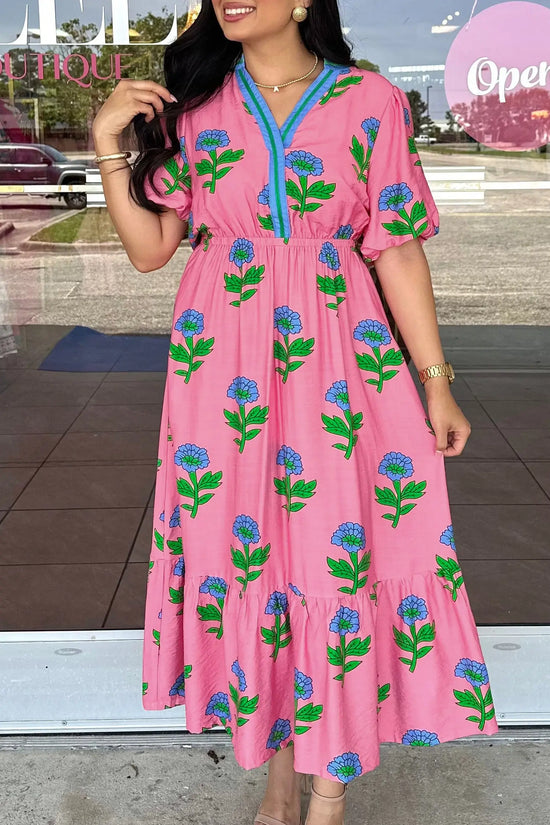 Plus size floral striped v-neck puff sleeve ruffle tiered maxi dress dresses