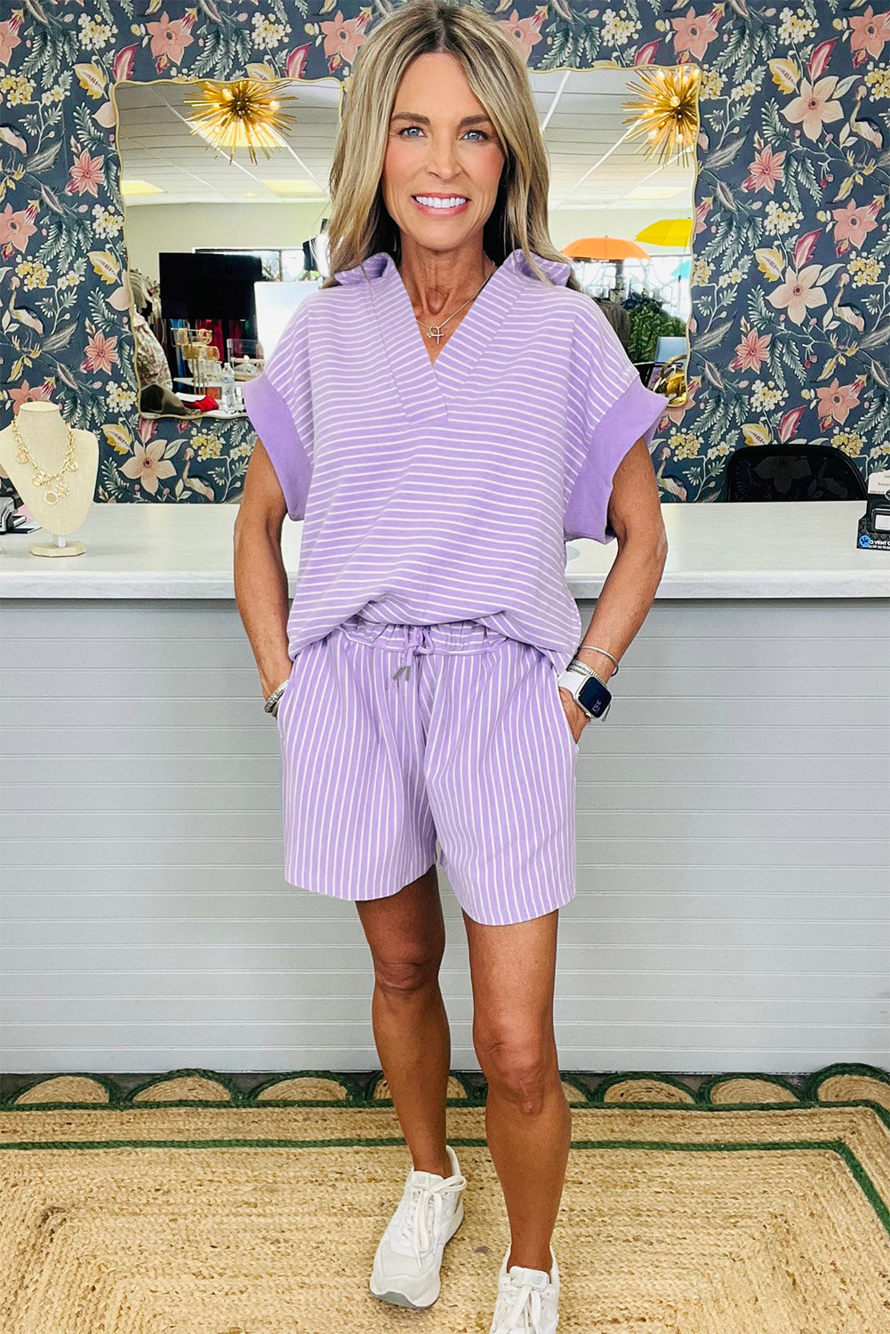 Striped Dolman Sleeve Polo Shirt and Drawstring Shorts Two Piece Set