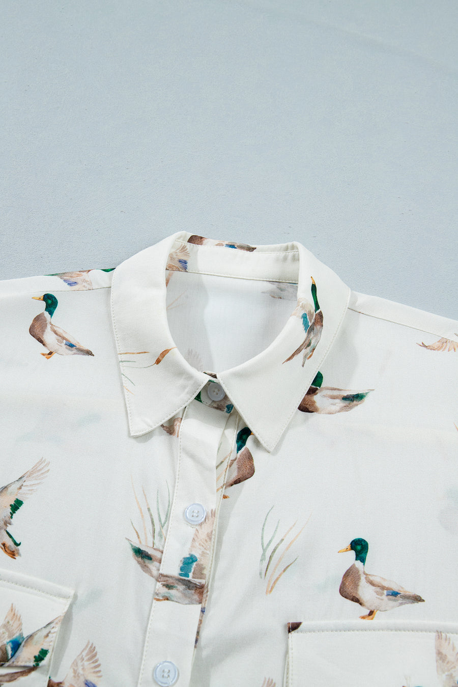 White Mallard Print Button Pocket Short Sleeve Shirt