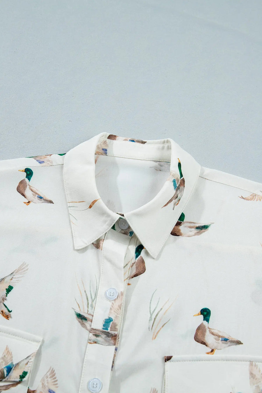 White Mallard Print Button Pocket Short Sleeve Shirt