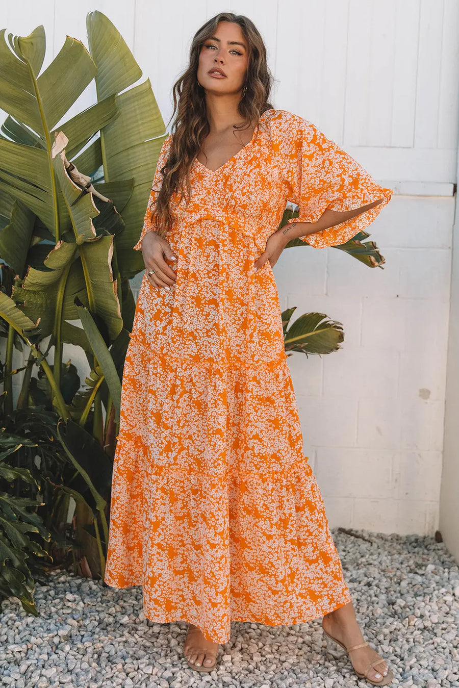 Orange Floral Smocked V Neck Wide Sleeve Maxi Dress Women UK