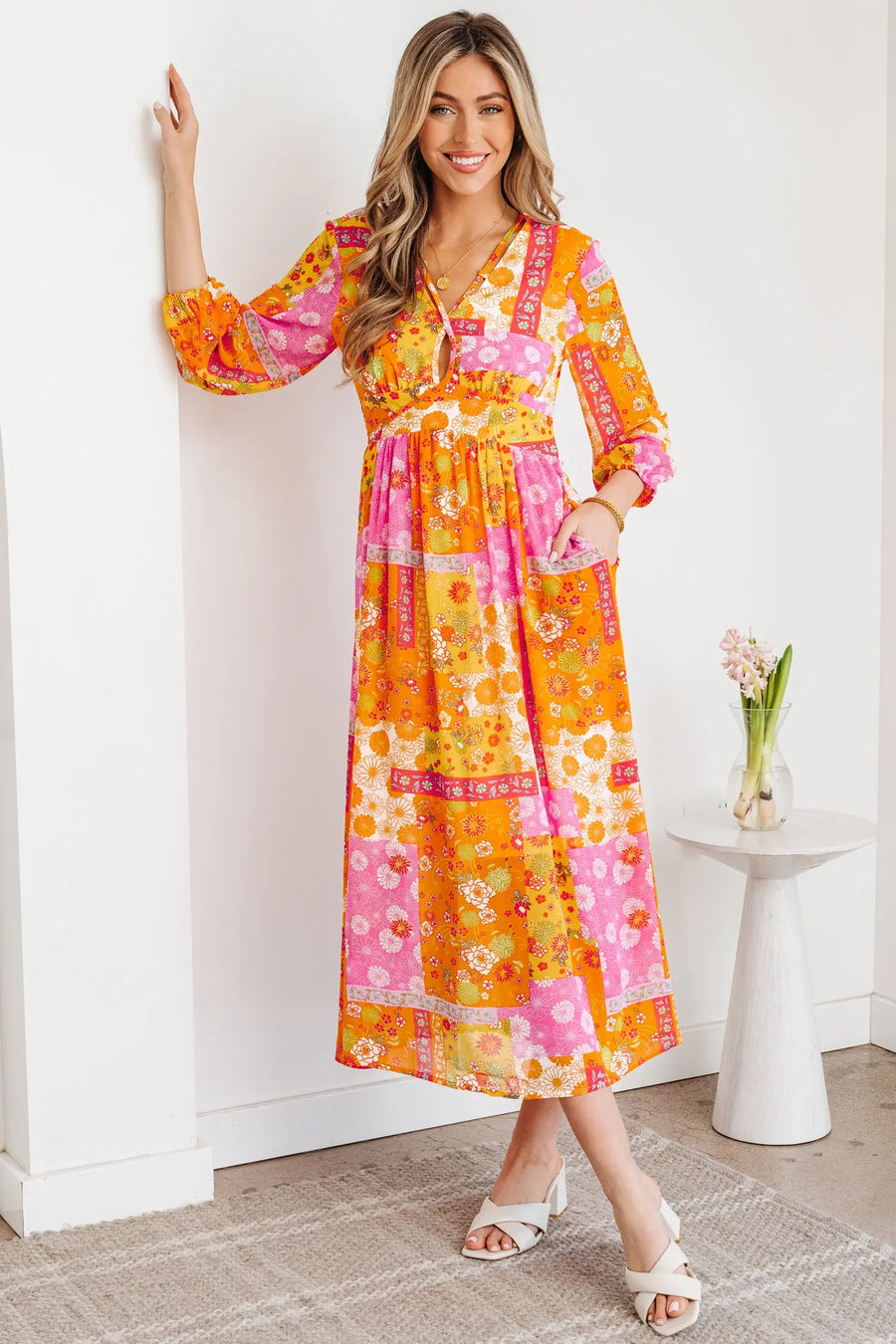 Orange Floral Patchwork Bracelet Sleeve Tied Back Maxi Dress Women UK — close-up detail