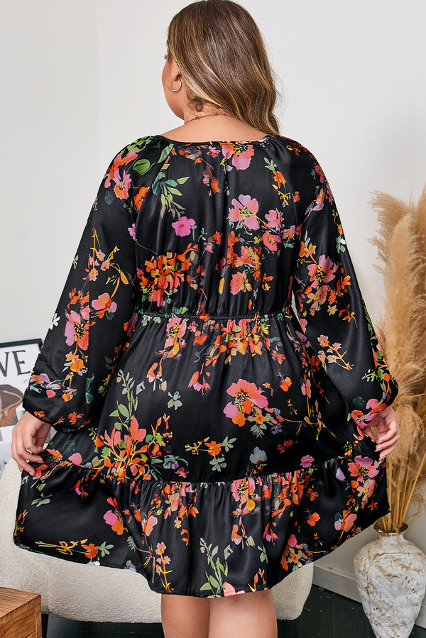 Black Plus Size Floral Tie Neck Cinched Waist Mini Dress Women UK — back view