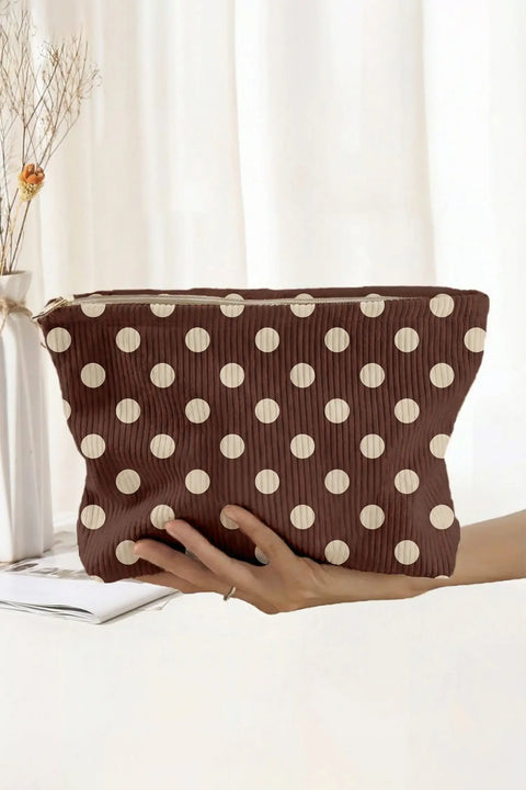 Women's polka dot corduroy storage makeup bag front view