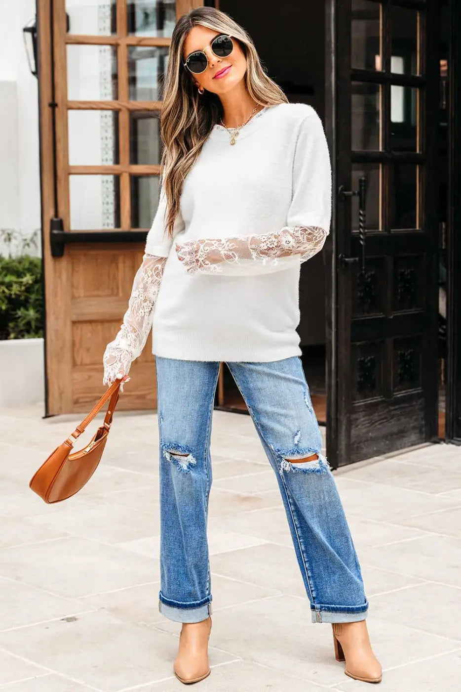 Beige lace sleeve fuzzy sweater women uk | fashionfitz