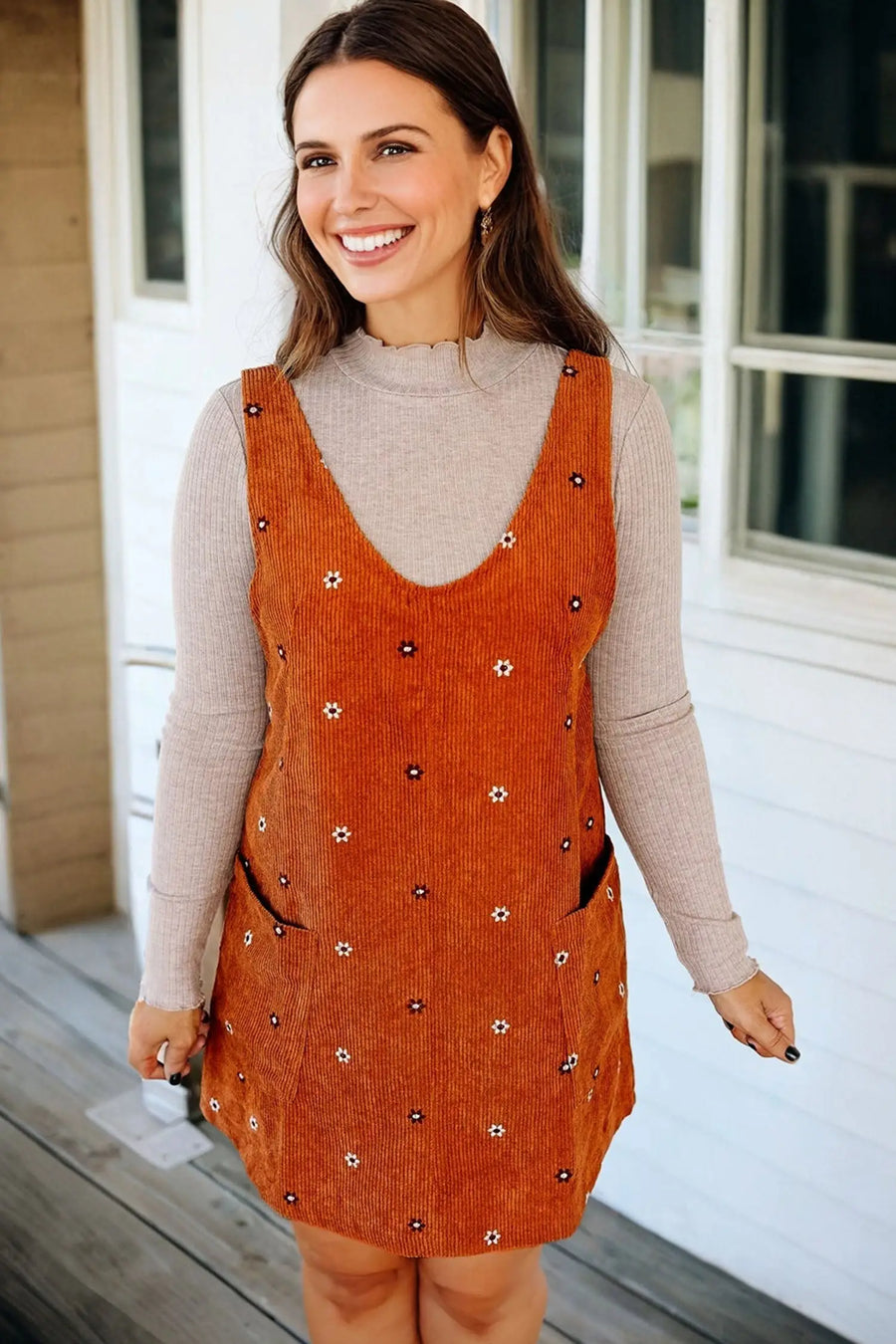 Gold Flame Flower Embroidered Corduroy Overall Mini Dress Women UK — side detail