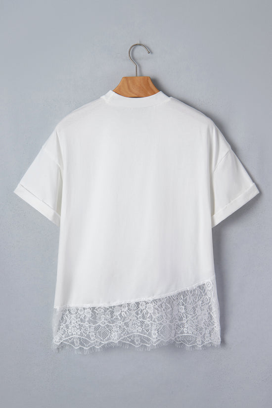 Asymmetric Lace Hem Floral Patchwork Short Sleeve Tee