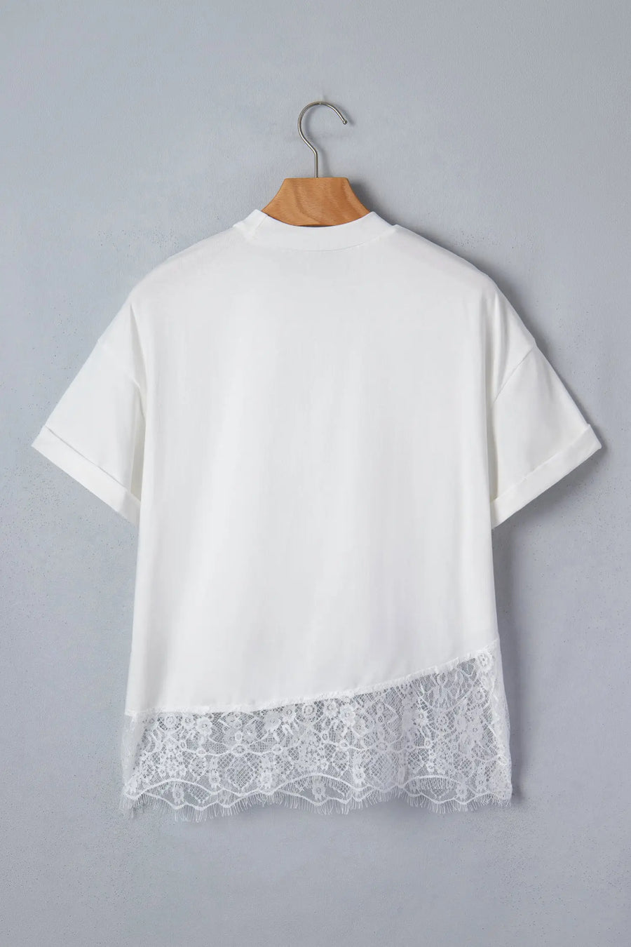 Asymmetric lace hem floral patchwork tee back view | Fashionfitz UK