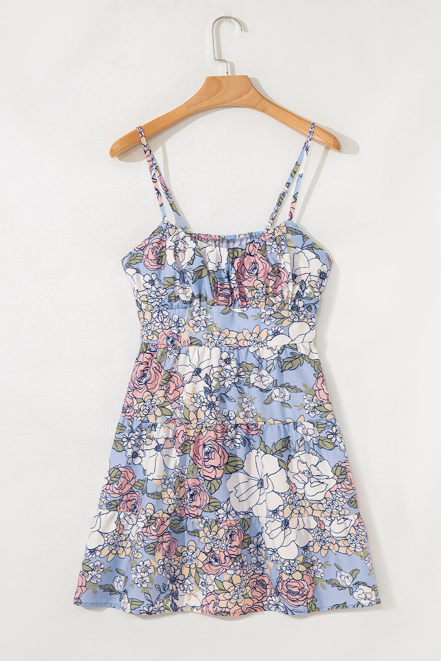 Sky Blue Floral Tiered Spaghetti Strap Vacation Dress Women UK