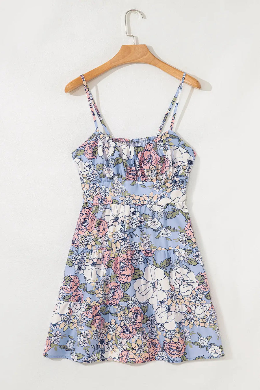Sky Blue Floral Tiered Spaghetti Strap Vacation Dress Women UK — side view