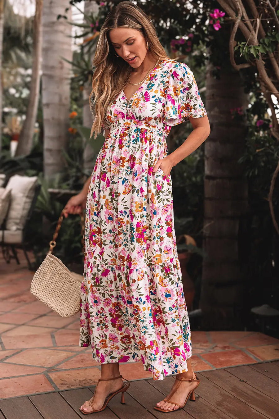 Red Floral Short Sleeve V Neck High Waist Maxi Dress Women UK