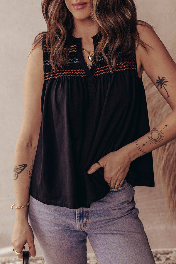 Black Colorful Shirred Yoke Notched V Neck Tank Top Women UK