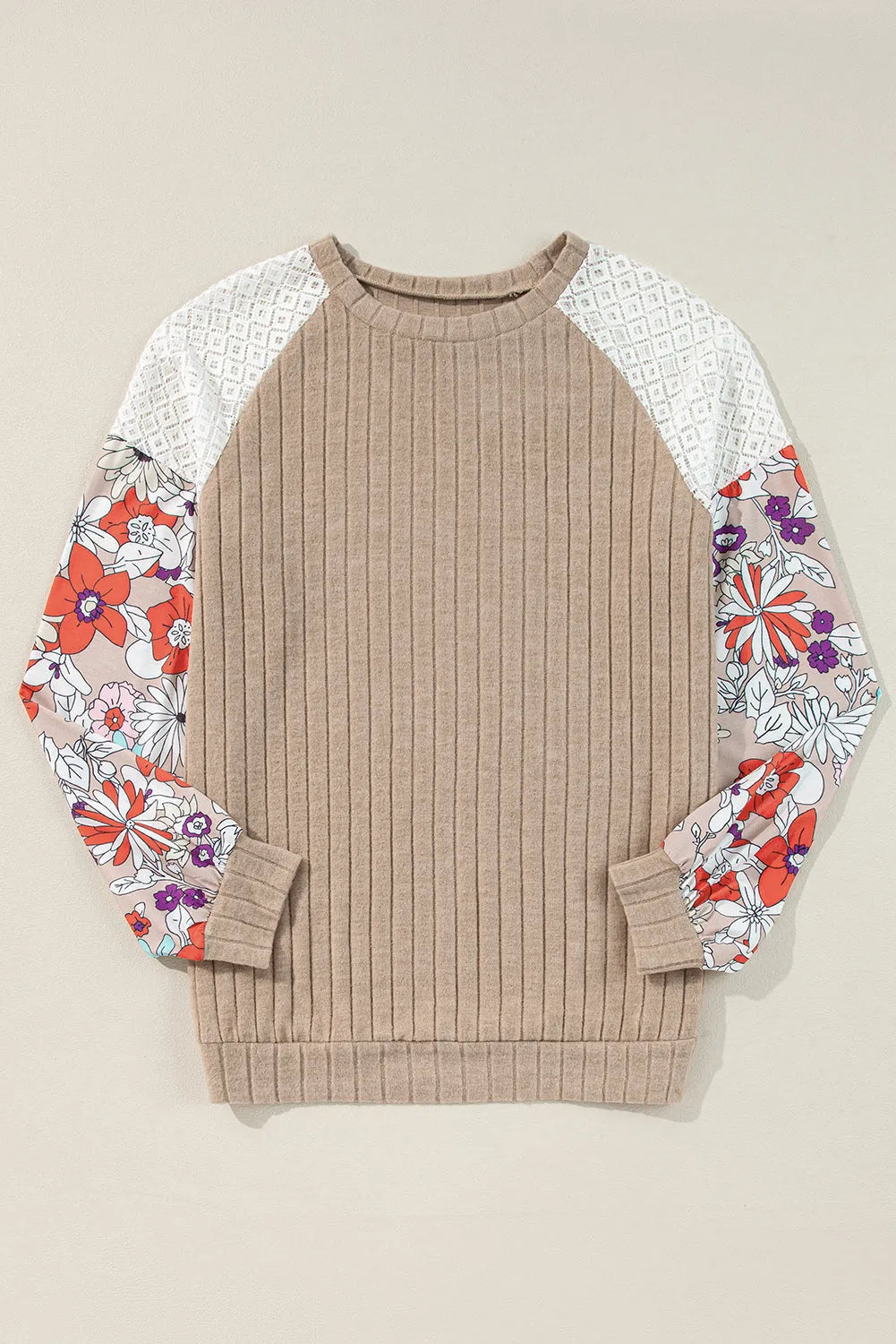 Floral Sleeve Ribbed Blouse - Fashionfitz