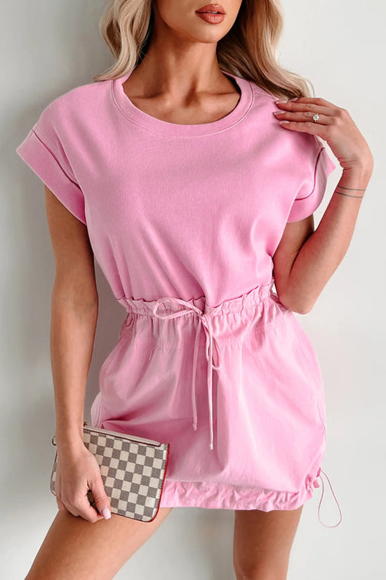 Bonbon cuffed short sleeve mix fabric patchwork drawstring mini dress with pockets dresses