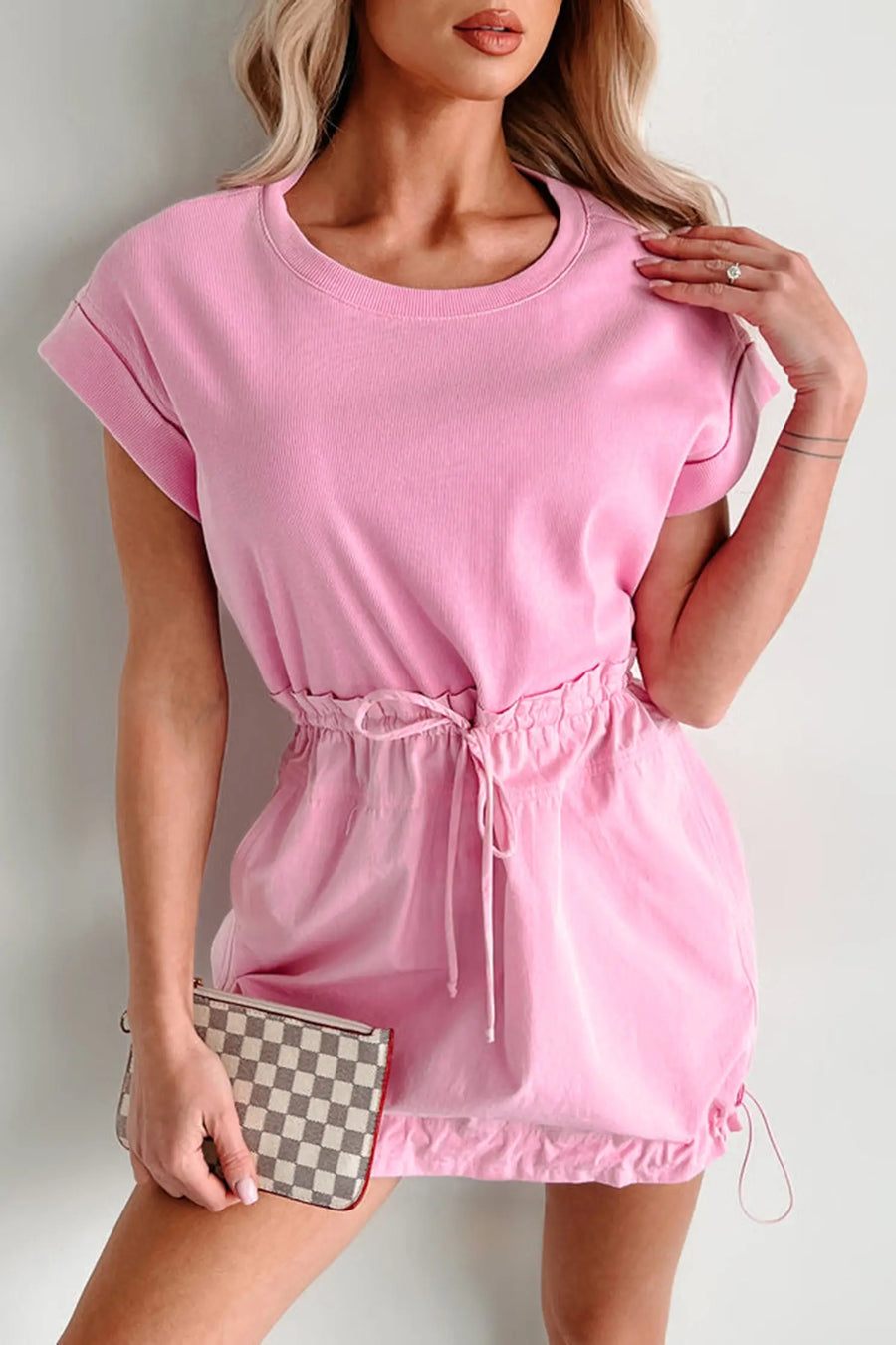 Bonbon cuffed short sleeve mix fabric patchwork drawstring mini dress with pockets dresses