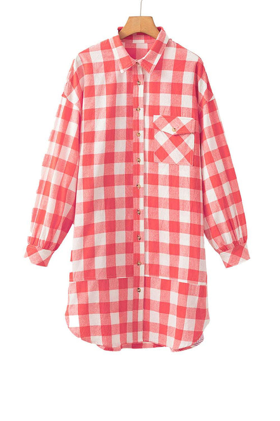 Pink and white plaid oversized shirt dress on hanger with front pocket