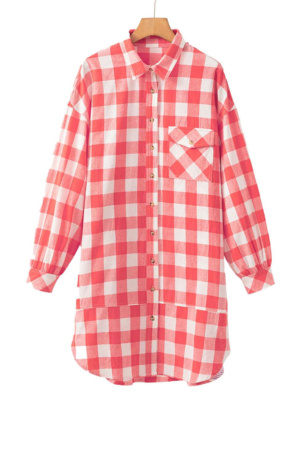 Pink and white plaid oversized shirt dress on hanger with front pocket